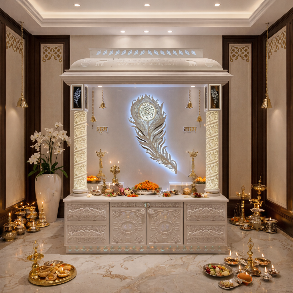 Luxury Corian Mandir in Kirti Nagar Delhi – Modern Pooja Mandir Design for Home